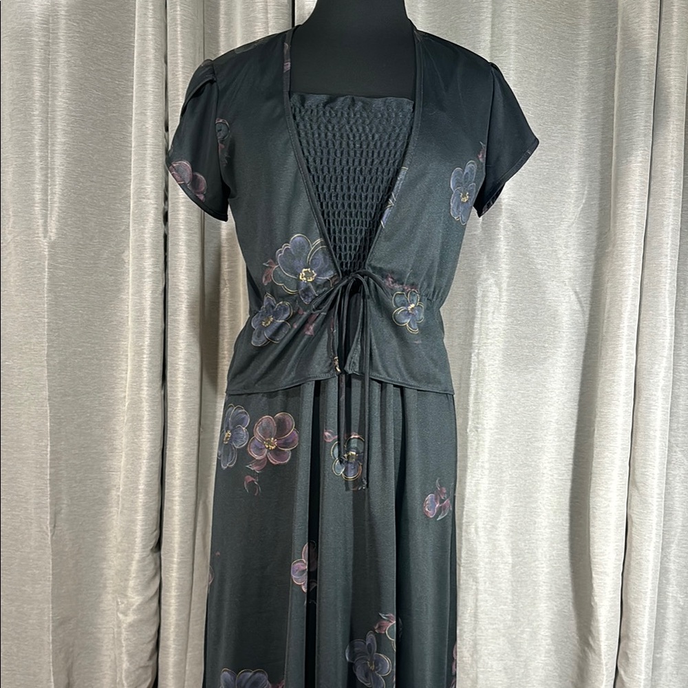 Vintage 70s Floral Black Dress/Shrug Set